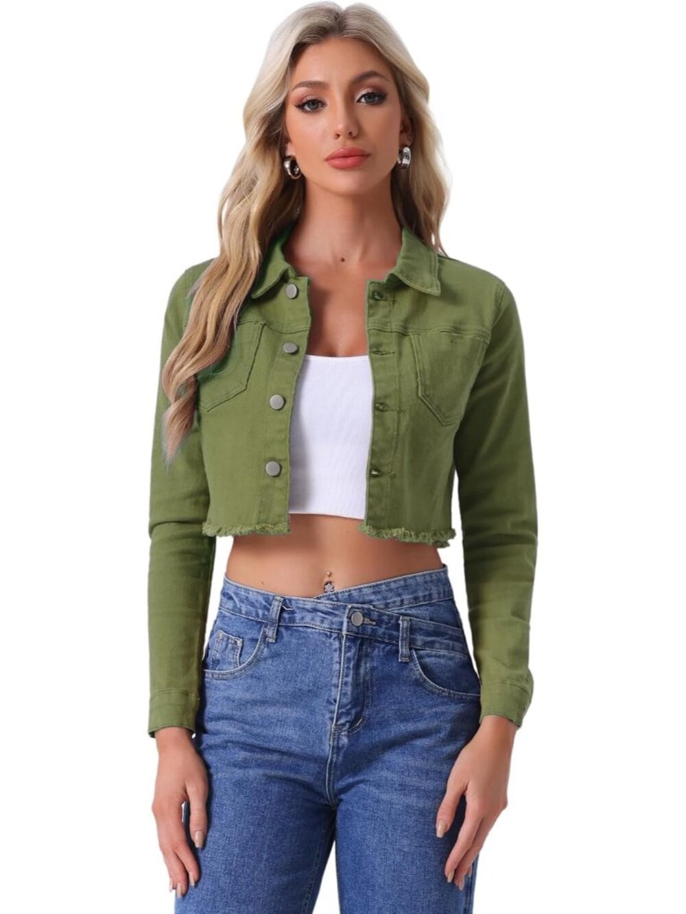 Women's Green Cropped Frayed Hem Turndown Collar Button Up Trendy Denim Jacket